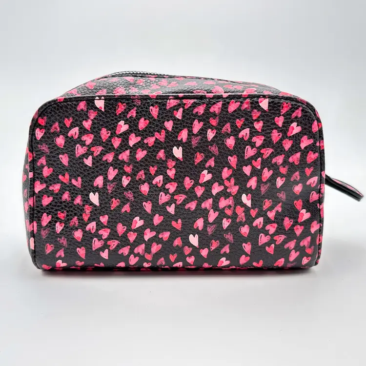 Nine West Cosmetic Bag Faux Leather Black Pink Hearts 8" x 5" x 3" B25