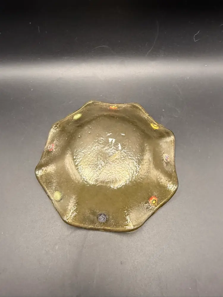 Amber Glass Plate With Applied Murrine Decorations