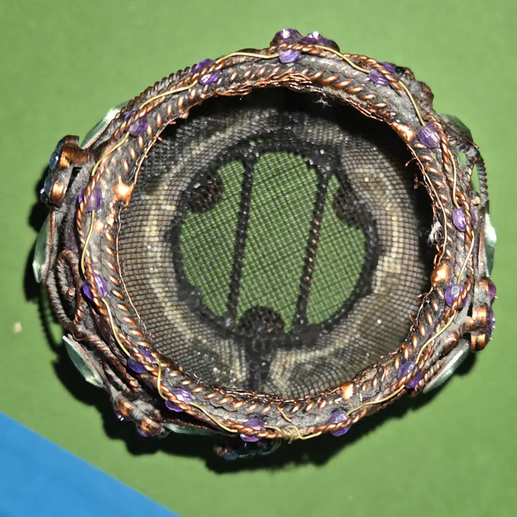 Vintage Victorian Brass Jeweled Mirror and velvet jeweled cup