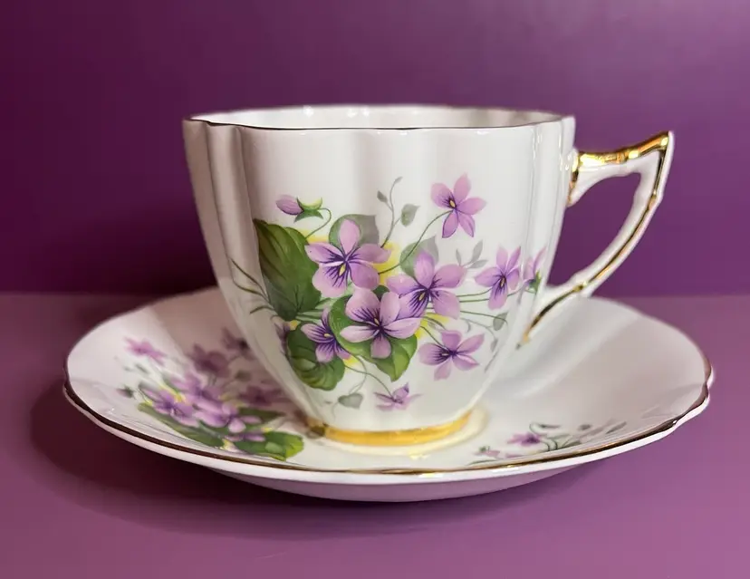 Vintage Windsor Bone China Violets Cup And Saucer Cottagecore England