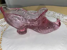 Mosser Glass Slipper Shoe Pink Floral Art Glass Victorian Curled Toe Witch