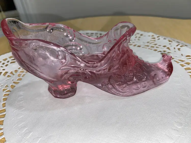 Mosser Glass Slipper Shoe Pink Floral Art Glass Victorian Curled Toe Witch