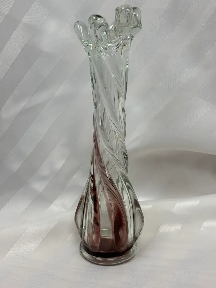 Vintage MCM Viking Style Bud Vase Blown Glass Six Petal 9” Swung Purple Swirl