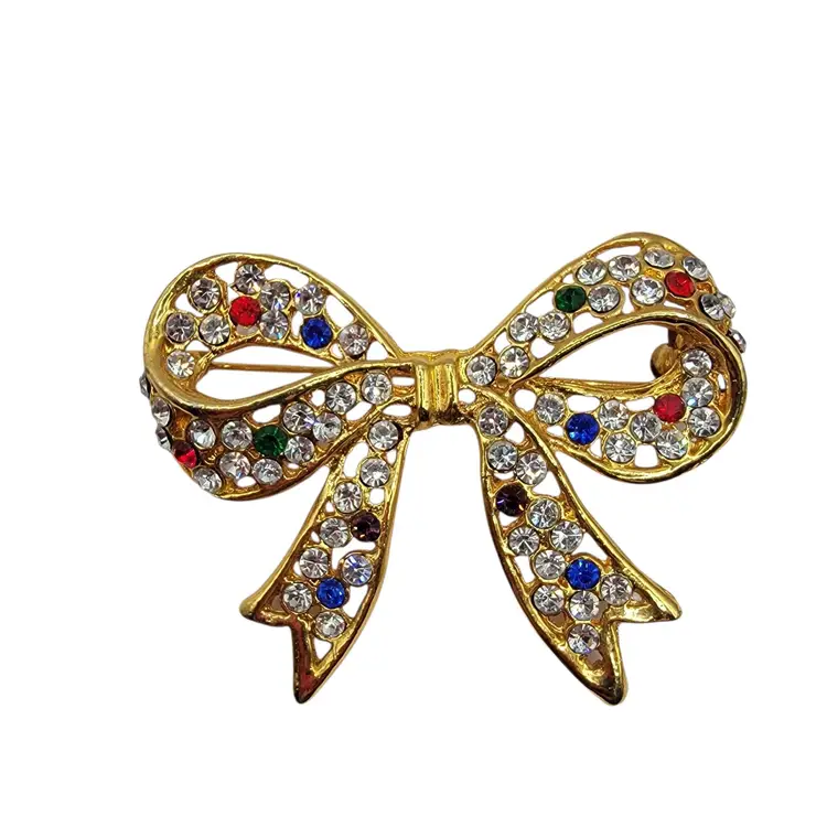 Multi-Color Gold Tone Rhinestone Bow Ribbon Brooch