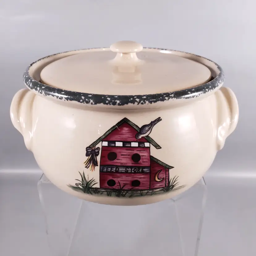 Vintage 2001 HOME & GARDEN PARTY Birdhouse 'Feed Store' STONEWARE COVERED BOWL