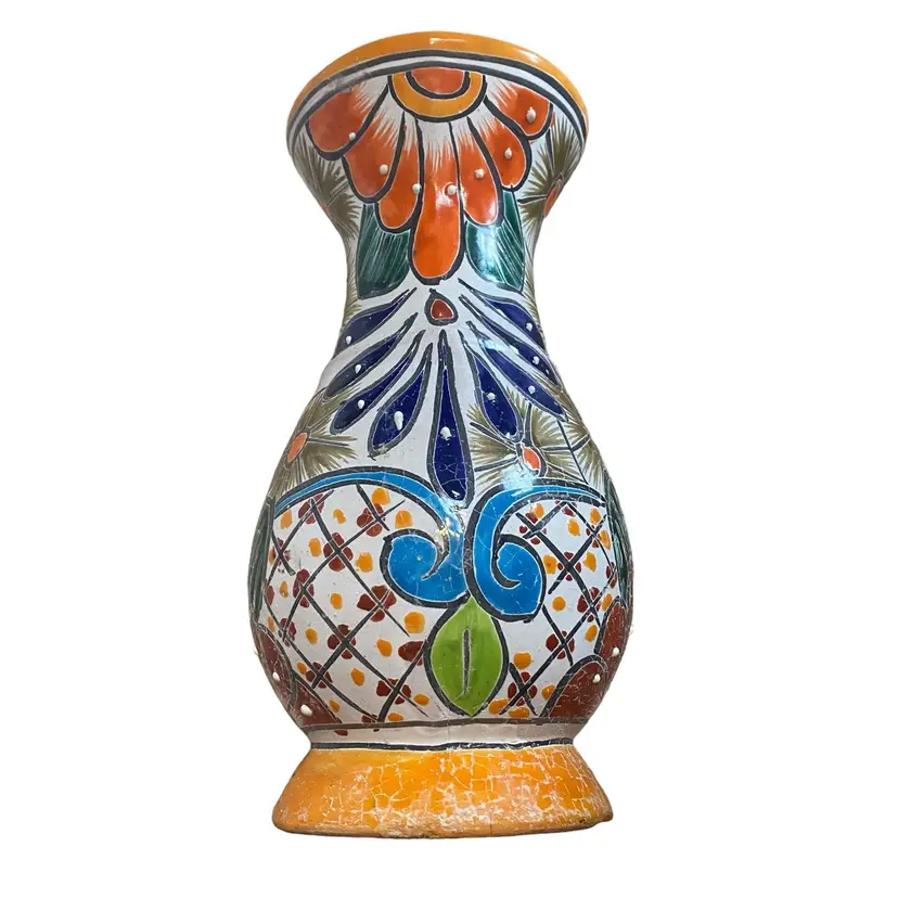 Mexico Mexican ceramic pottery vase orange blue 11in Textured Crackled