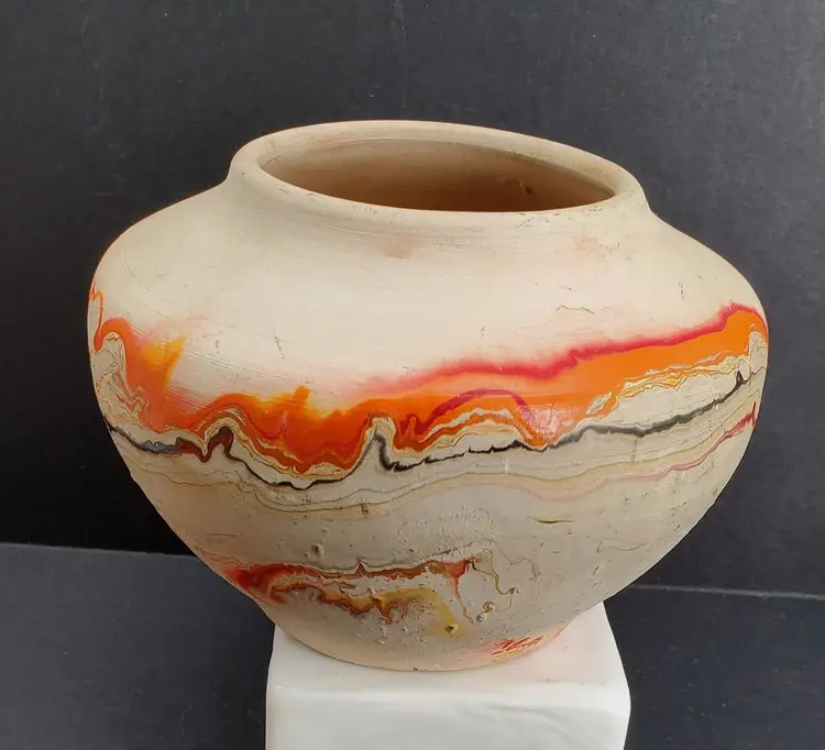 Vintage Nemadji Pottery Vase 4" x 6" Orange Yellow Red Black Swirl