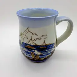 Vintage Otagiri Seascape Ocean Scene Coffee Mug Seagulls Boats Bay Stoneware