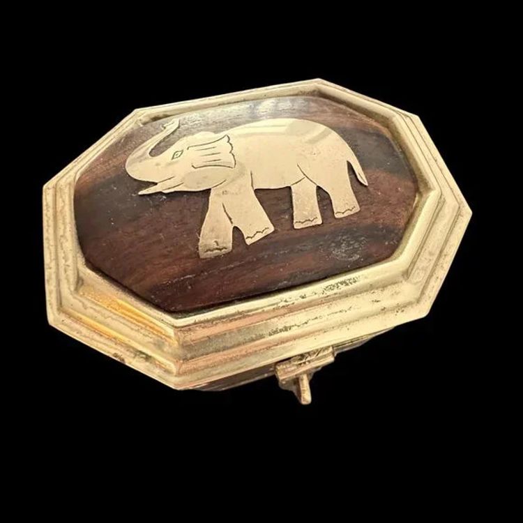 Vintage Brass and Wood Elephant Trinket Octogonal Box Keepsake