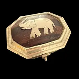Vintage Brass and Wood Elephant Trinket Octogonal Box Keepsake