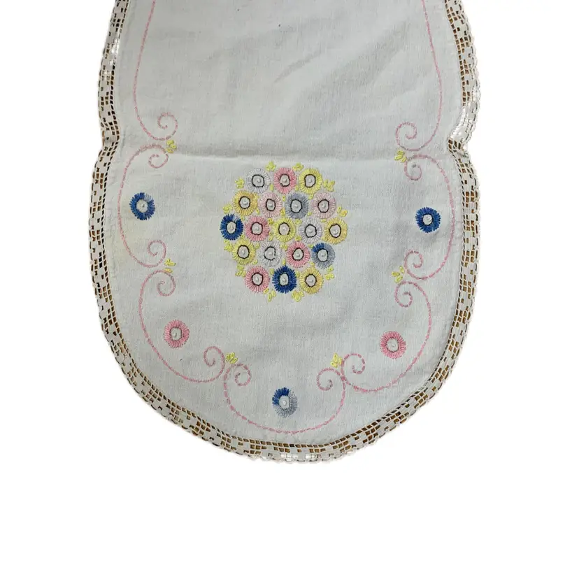Embroidered Linen Dresser Scarf Runner Lace Edge Floral Cottage Core Shabby Decor Vintage