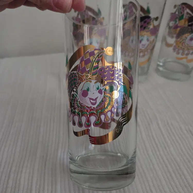 Vintage Set of 4 Culver Jester Highball Glasses Harlequin Mardi Gras 22K Gold