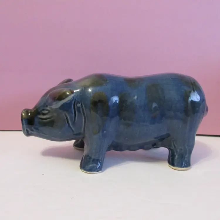 vintage blue glazed pig pottery figure country farm kitchen decor