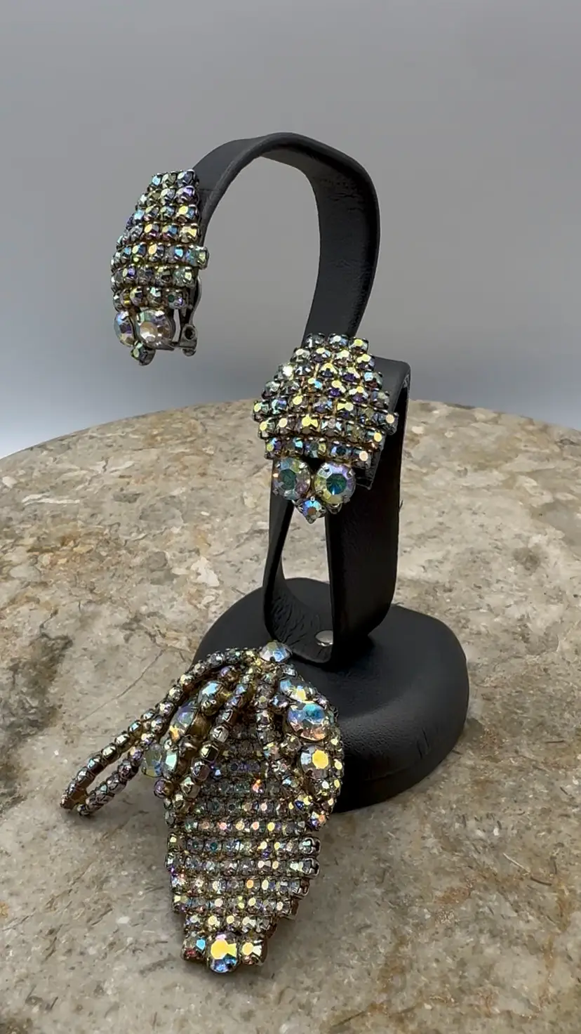 Vintage Mid-Century Aurora Borealis Rhinestone Brooch & Matching Clip Earrings