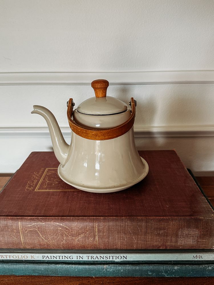 Vintage French Enamel Tea Kettle Wooden Handle