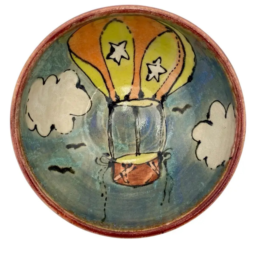 Art Pottery Stoneware Bowl, Hand Painted: Hot Air Balloon, Clouds, Bird, Unique