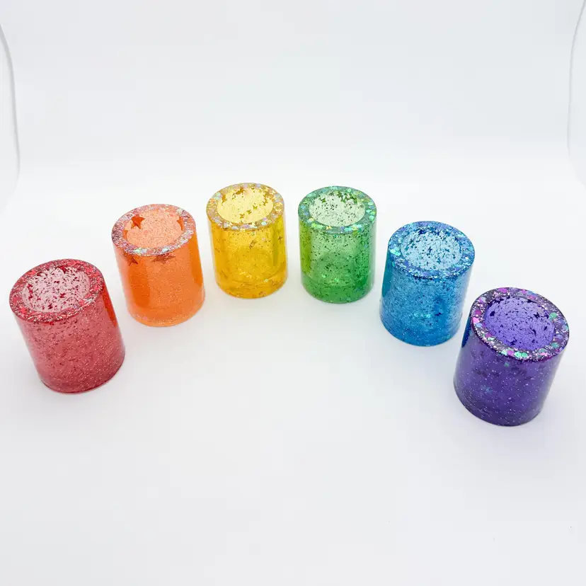 Rainbow Shot Glasses 6 Piece Set, Hand Poured Resin Multicolor Glitter Sparkle 2"H