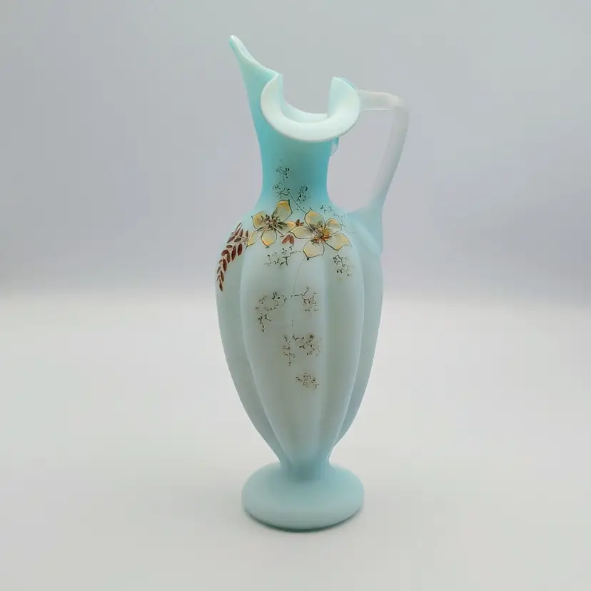 Pale Blue Cased Satin Glass Ewer with Brown & Gold Enamel Hand Painting Pitcher