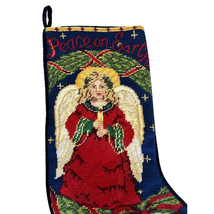 Vintage Wool Embroidered Needlepoint Wool Stocking Christmas Angel 17” Velvet