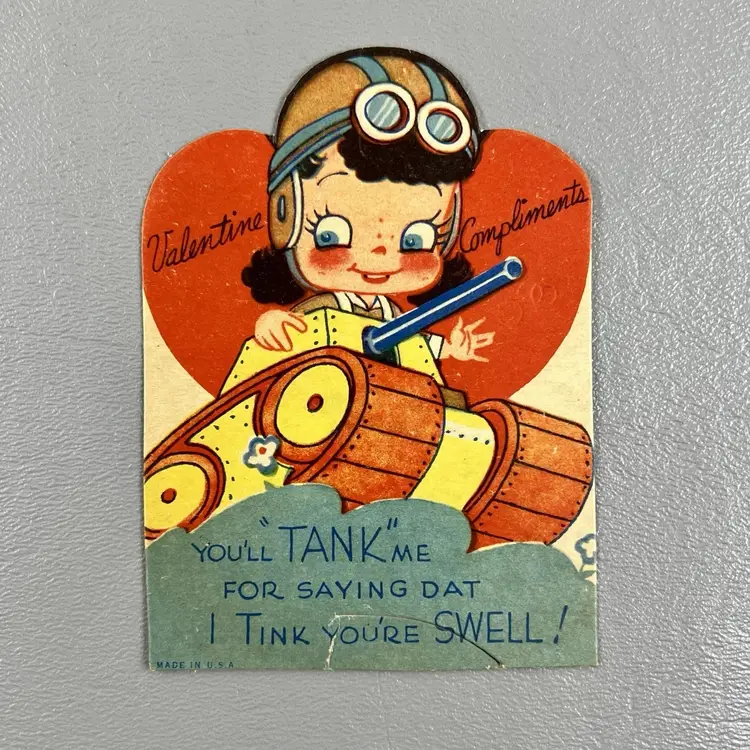 Vintage Valentine Greeting Card WWII Era Die Cut Girl Military Tank USA 3.75"
