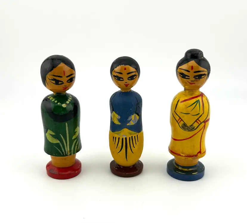 Vintage Channapatna Indian Wooden Dolls 1”x 3.25”