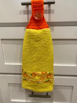 Cheery Bright Yellow Crochet Top Hanging Kitchen Towel Oranges Fabric Panel Accent 6.5” X 16”
