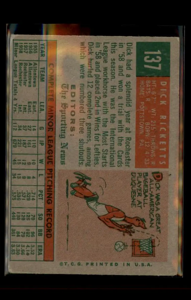 1959 Topps #137 Dick Ricketts - (pk4) - St. Louis Cardinals