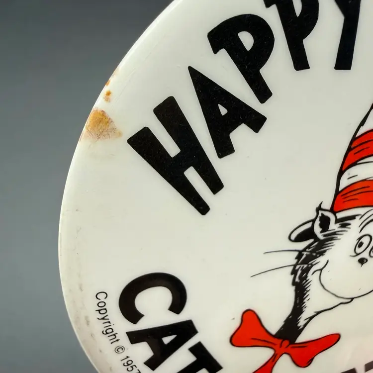 Vintage Cat In Hat Button Pin Pinback 30th Birthday 2.5" Dr. Seuss Child Book