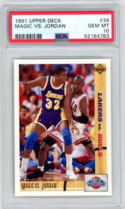 1991 Upper Deck MAGIC JOHNSON MICHAEL JORDAN Magic Vs. Jordan #34 PSA 10 GEM MT