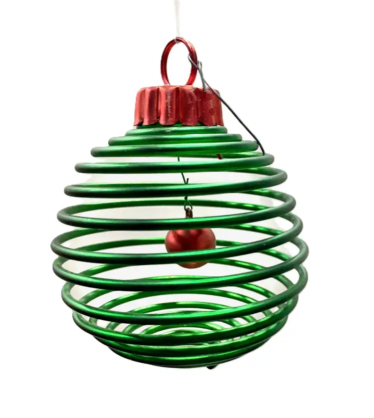 Green Springy Spiral Wire Christmas Ornament w/Red Jingle Bell Inside