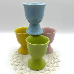 Set Of 4 Pastel Ceramic Egg Cups BIA Yellow Green Pink Blue 2.5" Tall Farmhouse
