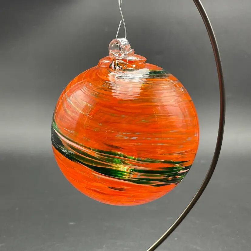 Blown Glass Witches Ball Hanging Ornament Orb Orange Black White Large Halloween