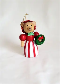 Wood Hand-Painted Bear with Wreath Christmas Tree Ornament