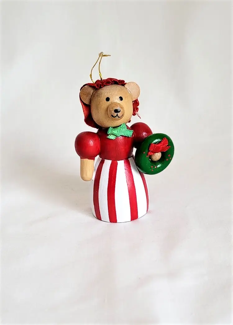 Wood Hand-Painted Bear with Wreath Christmas Tree Ornament