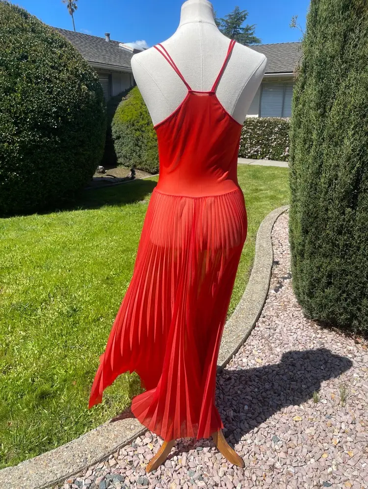 HTF  Faerie SurLock 1950’s Fire Red Orange Pleated Sheer Grecian Nightgown size 36 10/12 pin up Hollywood Regency Starlet Gown Dress