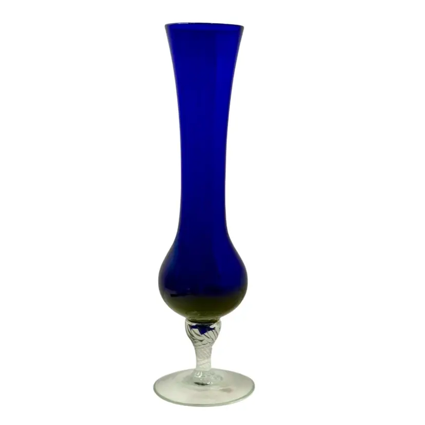 Bud Vase 8β Cobalt Blue Glass with clear Spiral Swirl Stem Partial Label *Read*