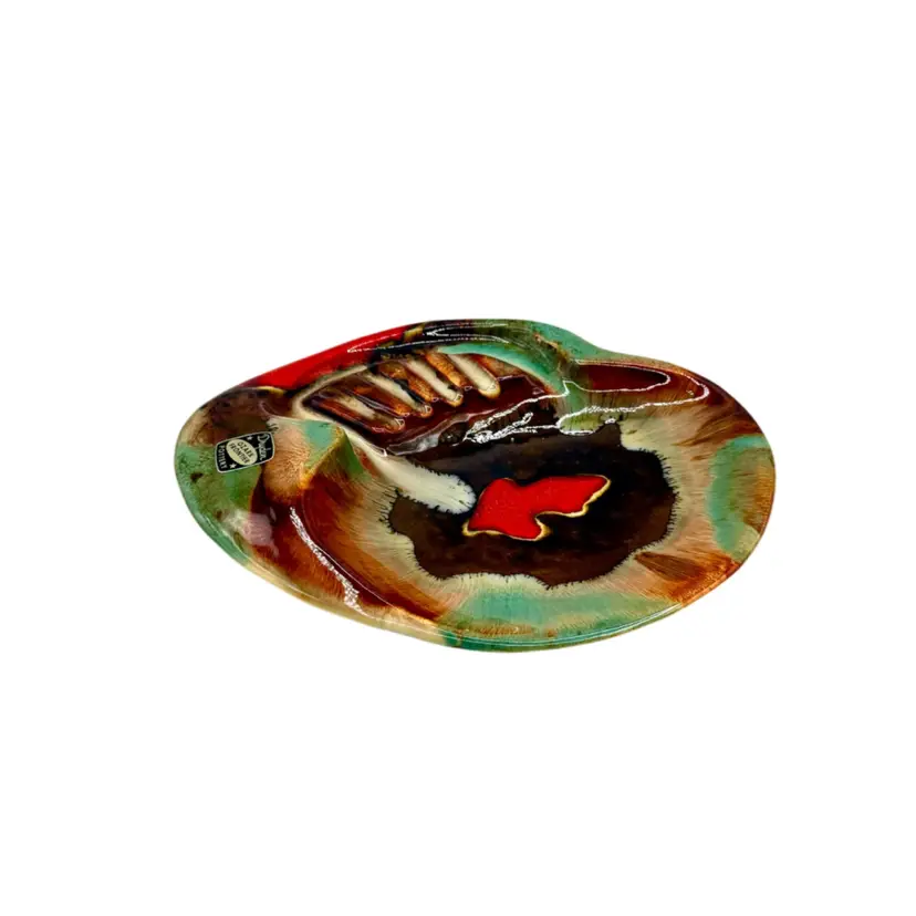 MCM Dryden Hot Springs Ark Pottery Drip Glaze Ashtray Orange, Brown, Teal.