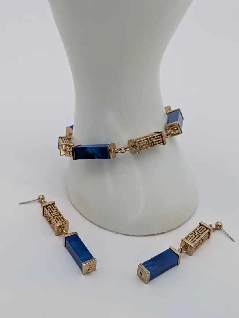 Vintage Faux Lapis And Gold Tone Greek Key Station Bracelet And Earring Set