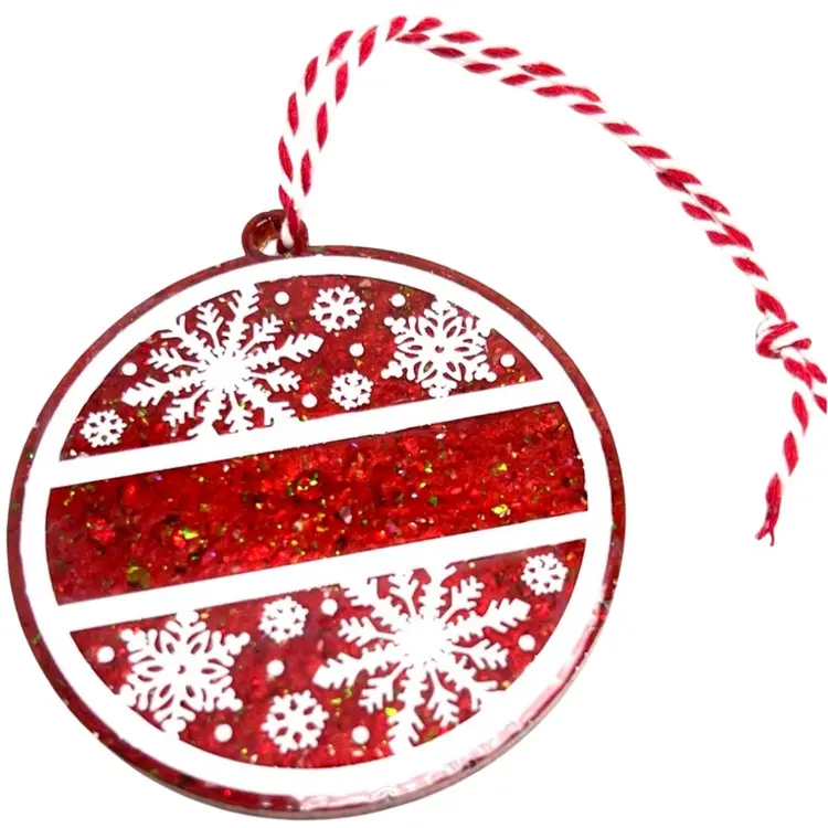 Red Glitter Resin 3-1/2” Ornament With Snowflake ❄️ Design And Blank Writing Space. Handmade by me 🫶