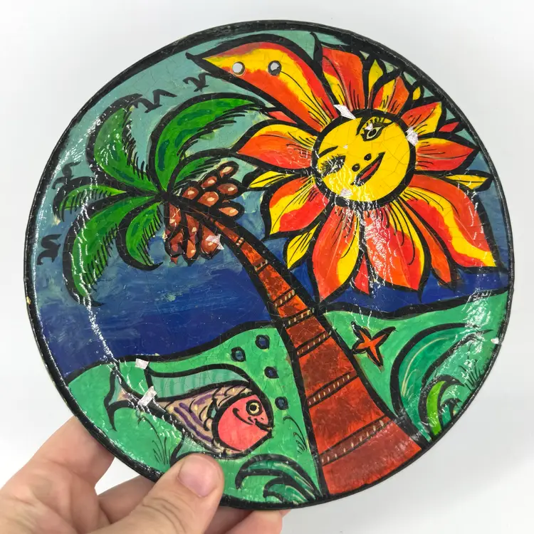 Hand-painted Ceramic Plate Dish Featuring Tropical Island Scene & Sun Wall Hanger