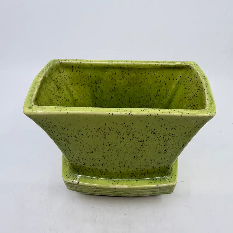 Vintage McCoy Pottery Planter Or Vase Chartreuse Lime Green With Dark Reddish Brown Speckles Art Deco MCM Flared Body And Stacked Pedestal Base Maker’s Mark Made In USA