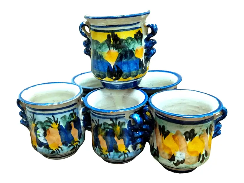 Mexican pottery Handpainted Double Handle Cups/Vases Lot Of 6