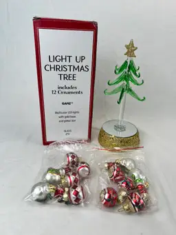 Light Up Glass Christmas Tree 12 Ornaments Multicolored LED Base Holiday Display