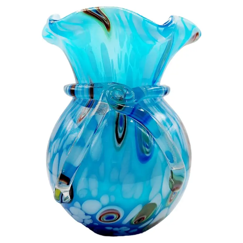 Vintage Murano Art Glass Sky Blue Millefiori Hand Blown Glass With Applied Bow