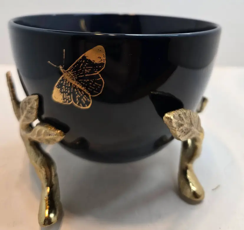 Black Bowl with Gold Butterfly on Gold Branch Stand - Decorative Candle Holder / Centerpiece