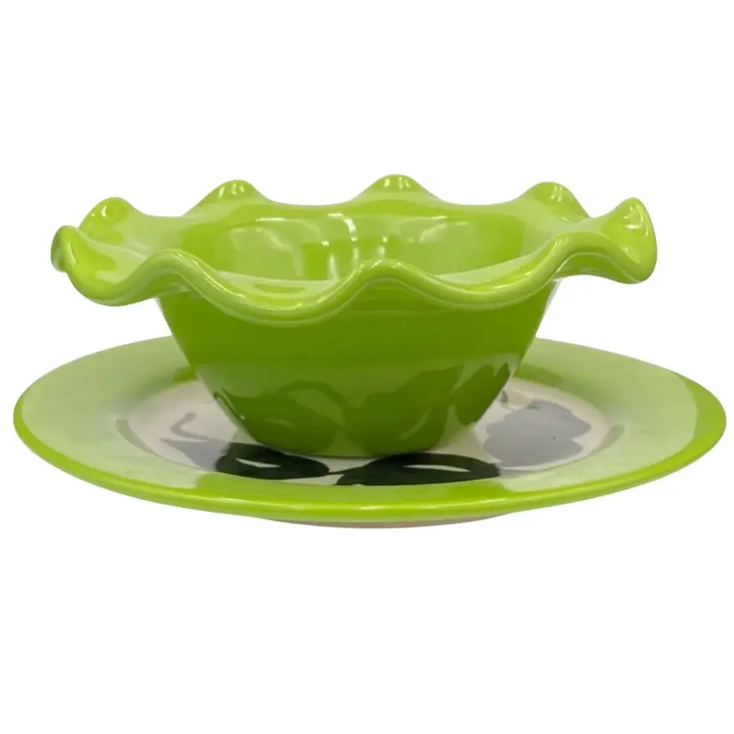 Vintage Cali Pottery Bright Pear Green Ruffled Bowl & Plate/Black Design, Signed