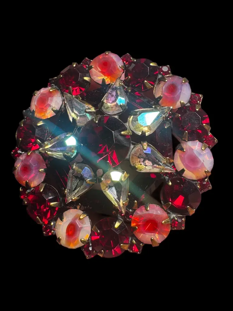 Signed Emmons Vintage Mid-century Aurora Borealis Star Brooch, Red Rhinestone