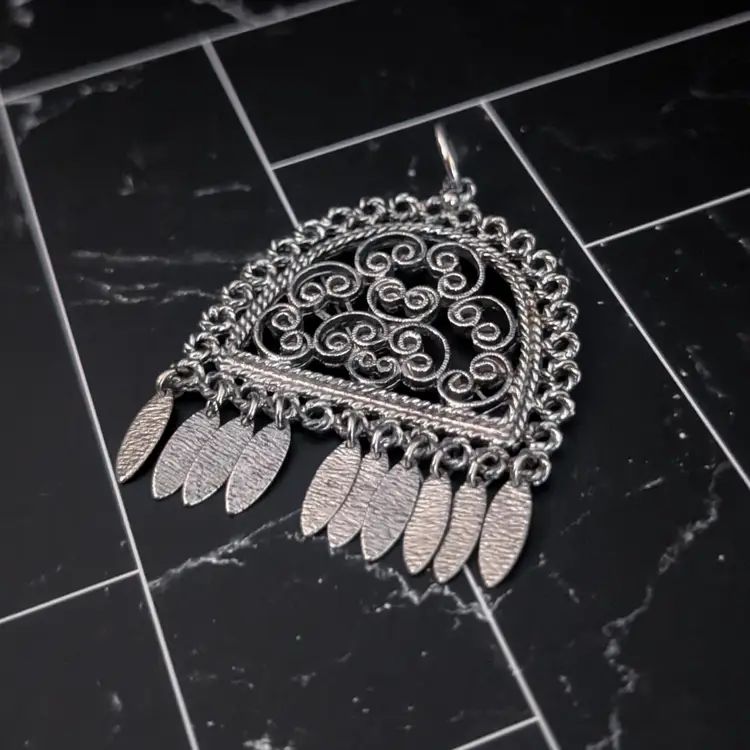 Vintage Pendant Large Ornate Silver Tone - No Chain Included - Dangle Missing