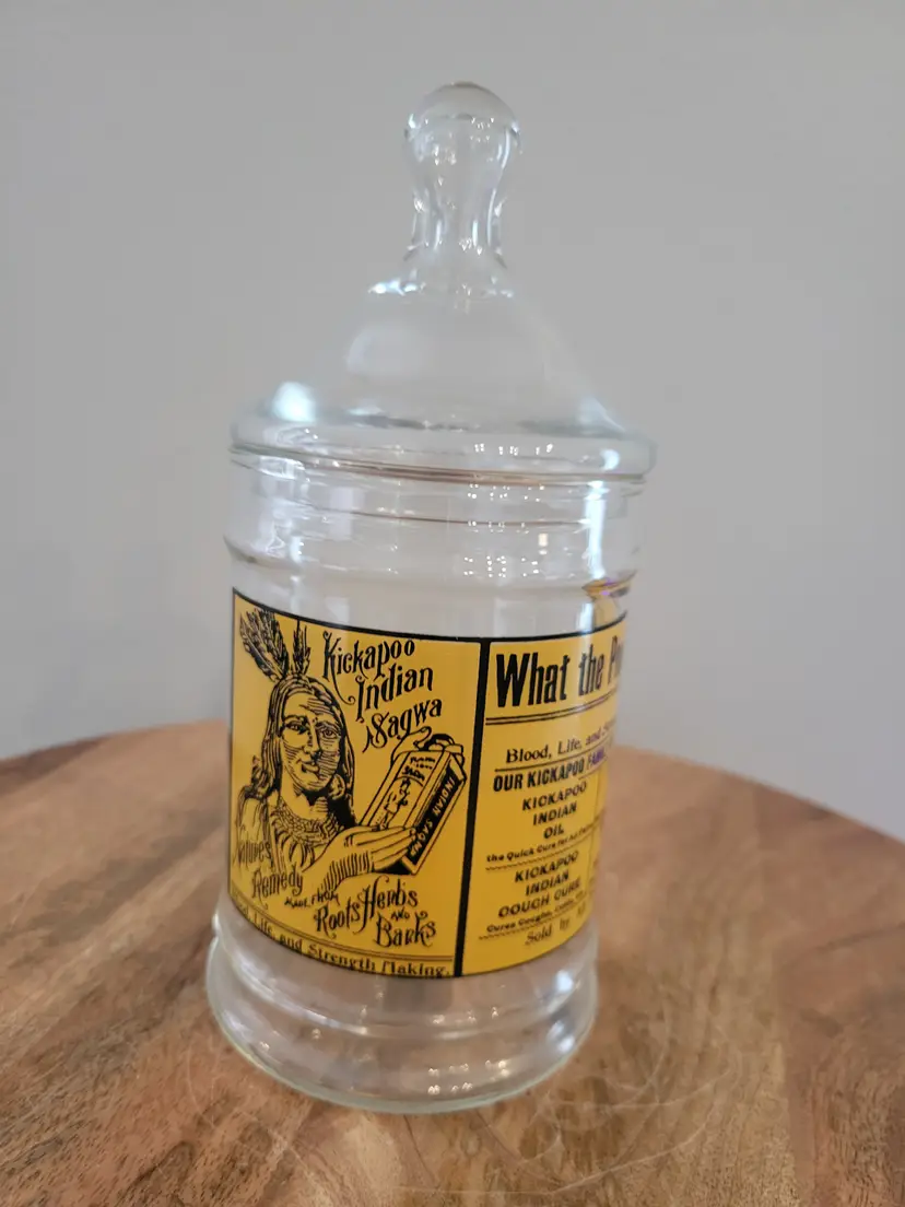 Vintage Kickapoo Indian Sagwa Apothecary Jar Cough Cure Natures Remedy w/Lid