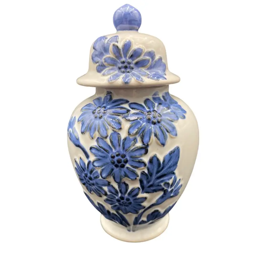Italian Majolica Ceramic Lidded Urn, Embossed Blue Flowers, 7.2", Stamped